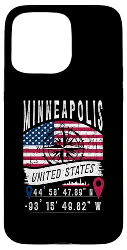 Carcasa para iPhone 15 Pro Max Coordenadas GPS de la bandera de los Estados Unidos Minneapolis