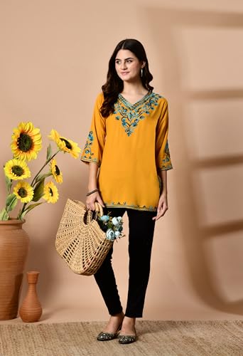 Image of LIBOZA Embroidered Kashmiri Tunic Top, Short Kurti for Women on Jeans, V-Neck, 3 /4 Sleeve, Floral Design,
