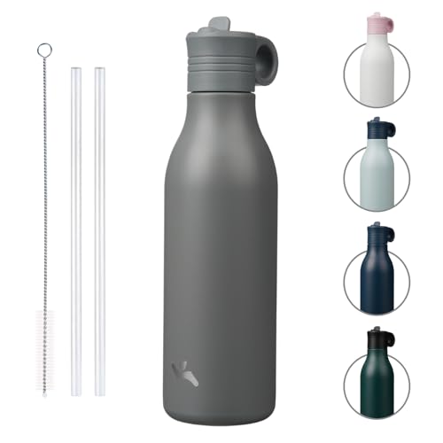 Konokyo 25oz Insulated Travel Water Bottle with Straw, Grey