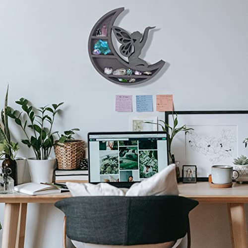 Wooden Moon Shelf, Durable Pine Floating Shelves Engraved Moon Design Shelf For Crystal Essential Oil Display Home Decor-Moon Elf03 #TOP6