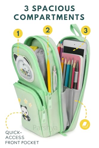 Image of Parshya Cute Pencil Pouch for Kids | 3 Large Compartments | Water-Resistant, Lightweight, Durable Fabric | School Stationery Organizer for Boys & Girls | Multi Storage Case