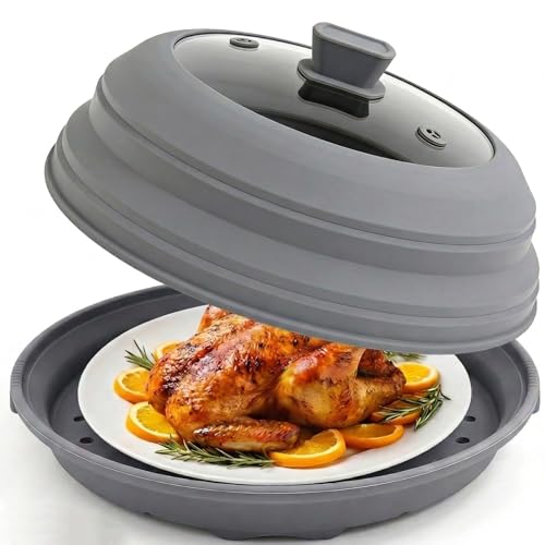 Microwave Splatter Cover for Food, 3-in-1 Glass & Silicone Microwave Cover with Anti-Scald Base Plate and Silicone Mat,Collapsible Vented Guard Lid, BPA-Free, Dishwasher Safe, 11 Inch (Large-Gray) by Osuke - Used condition - US$31.79