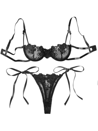 Image of Lilosy Sexy Tie Side Cute Underwire Push Up Strappy Embroidered Mesh Sheer Lingerie Set