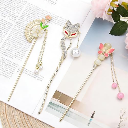 Image of SANNIDHI 3Pcs Hair Stick for Bun Stick Decorative Hair Pins with Tassel & Floral Charms, Vintage Chinese-Style Alloy Accessories for Women, Perfect for Bun & Updo Styling