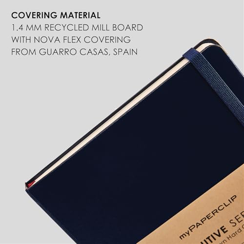Image of myPAPERCLIP Executive Series A5 Unruled Notebook | 192 Pages, 80 GSM, Hard Cover, A5 (5 .83 x 8.27 in) | Flat Lay | Bookmark, Elastic Closure & Back Pocket | Blue