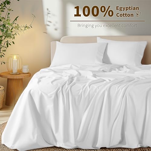 Shilucheng 100% Cotton Queen Sheets Set - 800 Thread Count, Luxury Egyptian Cotton, Breathable Cooling Bed Sheets with 16-Inch Deep Pockets (White)