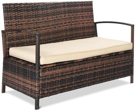Bonnlo 40 Gallon Outdoor Storage Bench, Wicker Deck Box, with Rattan Finish, with Cushion, for Porch, Yard, Lawn and Garden, Brown