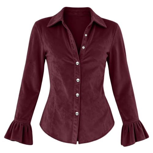 Carydety Women's Velvet Tops Slim Fit Button Down Shirt with Ruffle Cuffs - image 6