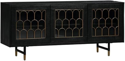 TOV Furniture The The Gatsby Collection Art Deco Brass Dark Acacia Wood Buffet Table with Tempered Glass Doors,