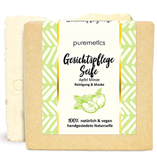 puremetics Zero Waste - Jabón para el cuidado facial "manzana menta" | 100% natural, vegano y libre de plástico | Jabón natural a mano | Jabón contra granos y piel grasa Cover