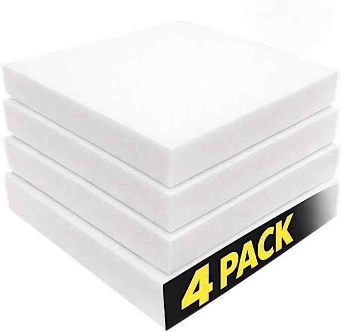 4-Pack 2" x 20" x 20" High Density Foam Cushions - White Square Pads for Upholstery, Seat Replacement, Crafts, DIY & Commercial Use