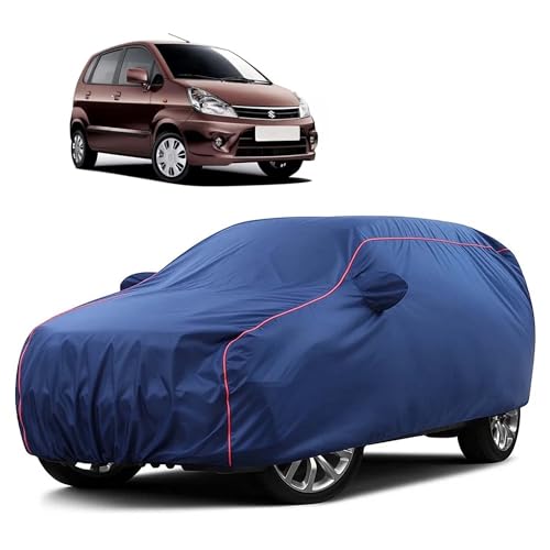 Image of Sulfar 100% Water Resistant Car Body Cover Compatible with Mirror for Maruti Suzuki Zen Estilo (Triple Stitched, Full Bottom Elastic, Blue Taffeta with Red Piping)