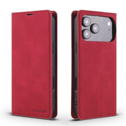 Étui en cuir iPhone 17 Air rouge rabat magnétique finition rétro premium luxe