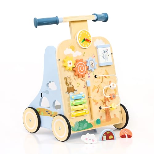 Image of Wooden Baby Walker, Baby Push Walker for 12+ Months, Baby Walker with Activity Center, Push and Pull Walkers for Boys Girls