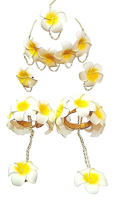 SUKAINA TRENDSArtificial flower Jewelry Set, Indian traditional Plumeria floral jewellery for bride, women and girls, Hawaiin Floral Jewelry for WEDDING | FUNCTION | HALDI