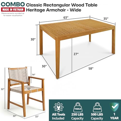 Image of Acacia 7 Pieces Outdoor Dining Set for 6-Person, 63 inch L Classic Rectangular Table & 6 Handwoven Rope Chairs - Eucalyptus Grandis Solid Wood, Weather Resistant Patio Furniture Set, Natural