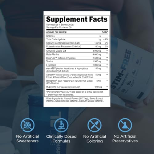 Image of Transparent Labs Stim-Free Pre-Workout - Caffeine & Stim Free Pre Workout Powder for Men and Women with Beta Alanine Powder, Citrulline Malate, & elevATP - 30 Servings, Blue Raspberry
