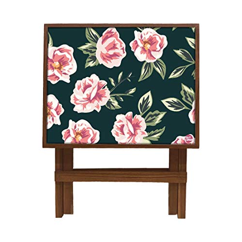 Image of Nutcase Designer Teak Wood Side Table Folding Wooden Bedside Coffee Outdoor Picnic Table - Pink and Black Floral
