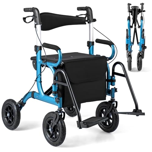 GYMAX 2 in 1 Rollator Walker for Seniors, Medical Walker with Seat, Folding Transport Wheelchair Rollator with Large Wheels, Reversible Backrest, Footrests, Aluminum Mobility Walking Aid (Blue)