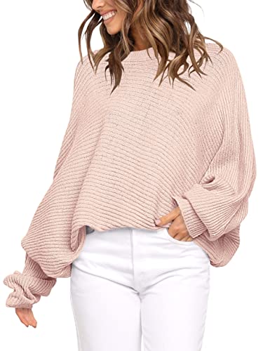 Anrabess Sweaters For Women Fashion 2022 Lantern Puff Sleeve Solid Round Neck Drop Shoulder Pullover Top 411Fen-L Pink #TOP4