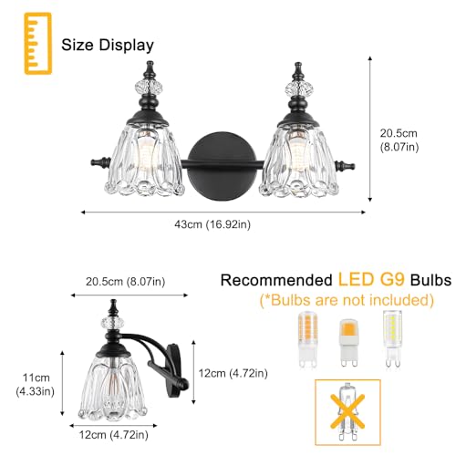 Image of Matte Black Vanity Light, Farmhouse Bathroom Light Fixtures, 2 Light Bathroom Vanity Lights, Flower Glass Shade Wall Sconce Lighting