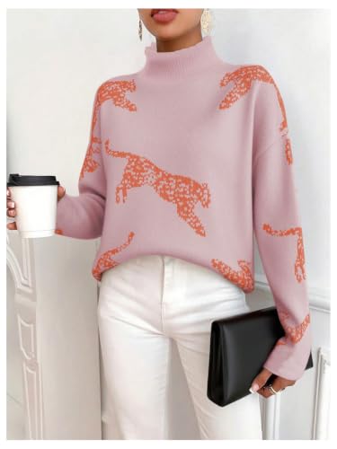 Image of WDIRARA Women's Leopard Tiger Print Sweater High Neck Long Sleeve Fuzzy Knitted Pullover Top