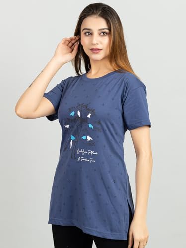 Image of Magknit Fancy Printed Both Side Cut Cotton Blend Half Sleeves and Lightwiegt Trendy Summer Long T Shirt for Women