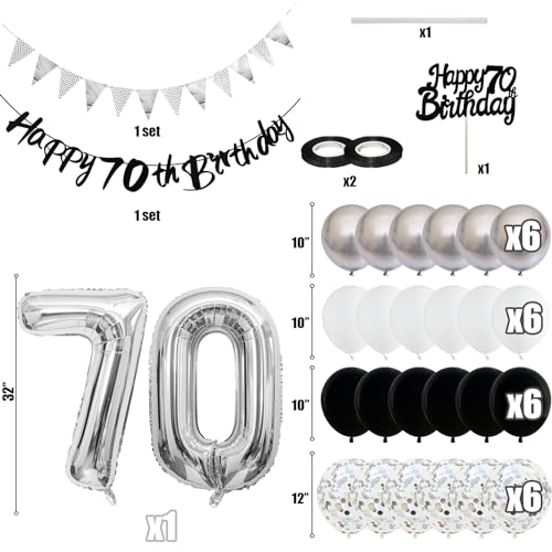 Image of 70th Birthday Decorations for Men, Black Silver 70th Birthday Balloons with Black Happy 70th Banner 70 Cake Topper Decoration Number 70 Balloon for Women 70th Party Decor