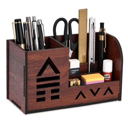 A4ARRIYAN Wooden Pen Stand for Table | Desk Organizer & Pencil Holder for Home Office | Aesthetic Stationery Holder with Mobile Stand | Multipurpose Wooden Desk Organizer
