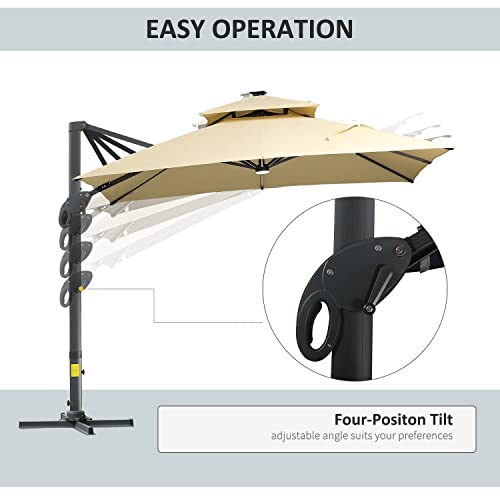Outsunny 10Ft Cantilever Patio Umbrella With Solar Led Lights, Double Top Square Outdoor Offset Umbrella With 360° Rotation, 4-Position Tilt, Crank & Cross Base For Garden, Deck, Pool, Beige #TOP4