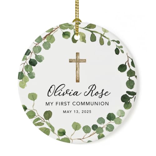 Andaz Press Personalized First Communion Ornament for Girls & Boys, Round Ceramic Porcelain Christmas Ornament, Custom Name Date, My First Communion 2025, Farmhouse Eucalyptus Wreath