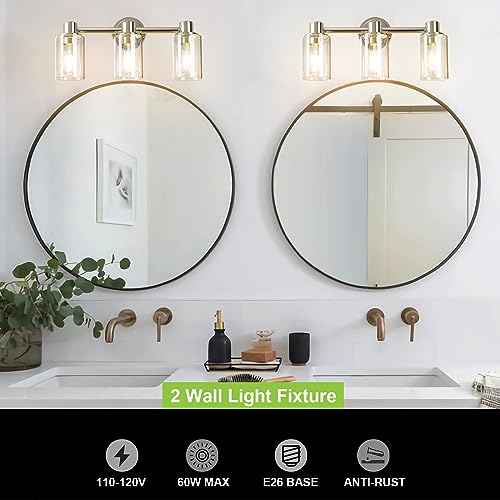 Image of 3 Light Bathroom Wall Light Fixtures Chrome Bathroom Wall Sconce with Clear Glass Lights Over Mirror Vanity Lights E26 Base