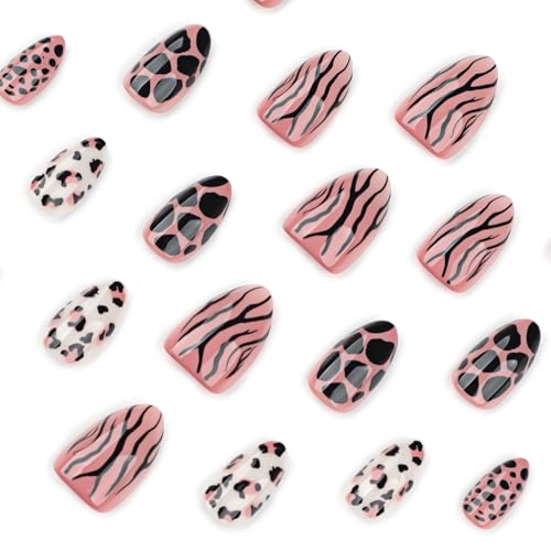 Image of Secret Lives Leopard Print Press-On Nails Short Almond - Reusable Glossy Fake Nails for Women, Animal Design, Easy to Apply Pack of 24 Pieces