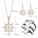 JDRGJTH 3 PCS Nautical Themed Jewelry Set Rudder Compass Necklace and Earrings Nautical Anchor Handmade Navy White Anchor Braided Multiple Layers Bracelet for Women Fashion Jewelry