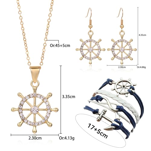JDRGJTH 3 PCS Nautical Themed Jewelry Set Rudder Compass Necklace and Earrings Nautical Anchor Handmade Navy White Anchor Braided Multiple Layers Bracelet for Women Fashion Jewelry