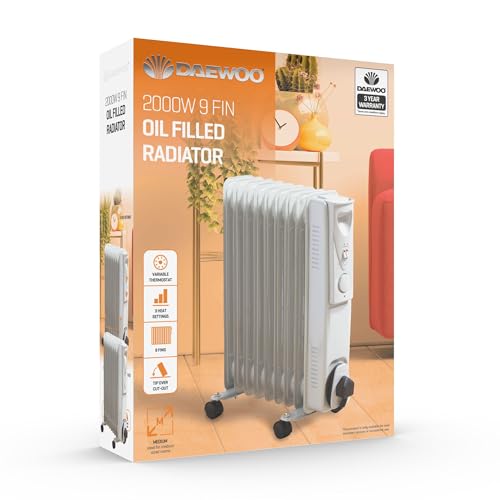 Daewoo Oil Filled 2000W Portable Radiator with Thermostat and Temperature Control - Ideal for Home, Garage or Office Use - White - Image 5