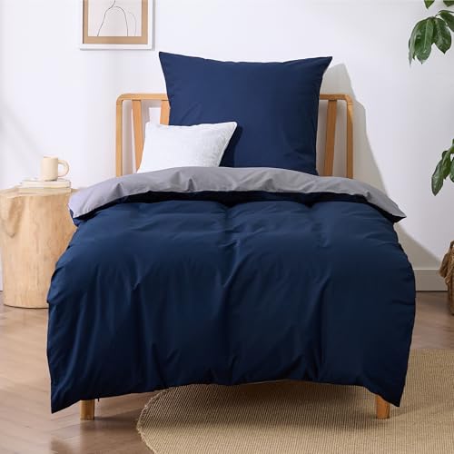 BEDSURE Bettwäsche 135x200 Blau Grau - Baumwolle Bettwäsche-Sets 135 x 200 cm Wendebettwäsche 2teilig mit Kissenbezug 80x80 cm, Oeko-TEX Zweifarbiger Bettbezug mit Reißverschluss