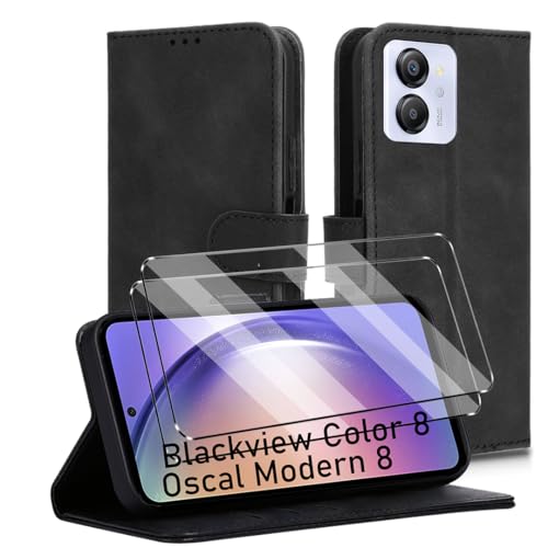 Cover e 2Pcs Vetrino Compatible con Blackview Color 8 Premium Flip Libro Custodia antiurto piu Vetro temperato Pellicola protettiva Slot per Scheda Funzione di Supporto pelle sintetica nero