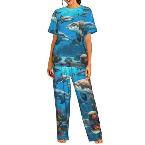 Pyjama 2 pièces femme manche courte pantalon dauphin S-3XL