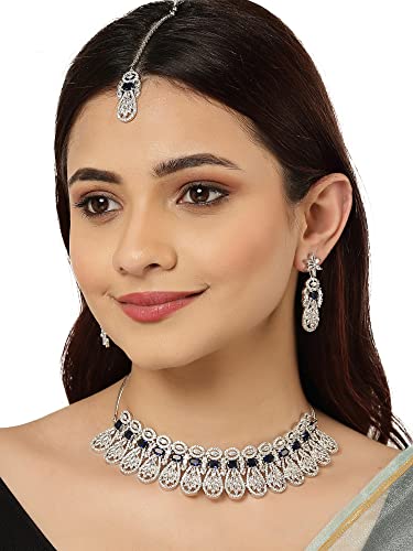 Image of Karatcart Silver Tone Green American Diamond Studded Necklace Set