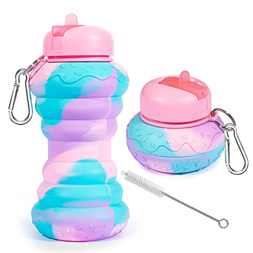 Donut Collapsible Kids Water Bottles For School Girls 20Oz Bpa Free Leakproof Silicone Foldable Water Bottles For Student Toddler Sports Travel W/ Flip Spout, Birthday Gift For Girls Pink 600Ml #TOP28