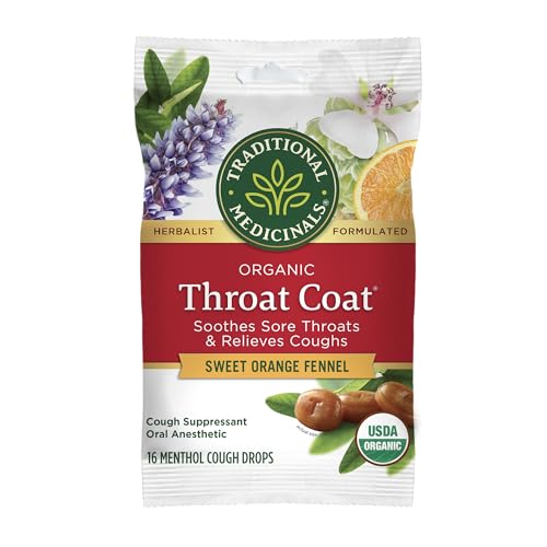 Traditional Medicinals Organic, Throat Coat Lozenges, Sweet Orange Fennel with Menthol - Herbal Cough Drops, Helps Soothe Sore Throat & Relieve Cough - Kosher, Stimulant-Free - 16 Count