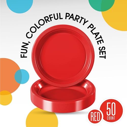 Exquisite Red Plastic Plates for Party 10" Red Disposable Plates for Party Supplies 50 Pcs Disposable Dinner Plate Heavy Duty 350 GSM Plate Sets, Plastic Dinnerware Sets