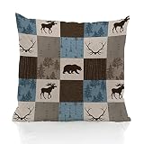 Rustic Bear Moose Vintage Patchwork Blue 18''x18'' Throw Pillow Case Decorative Home Bedroom Boys Ro