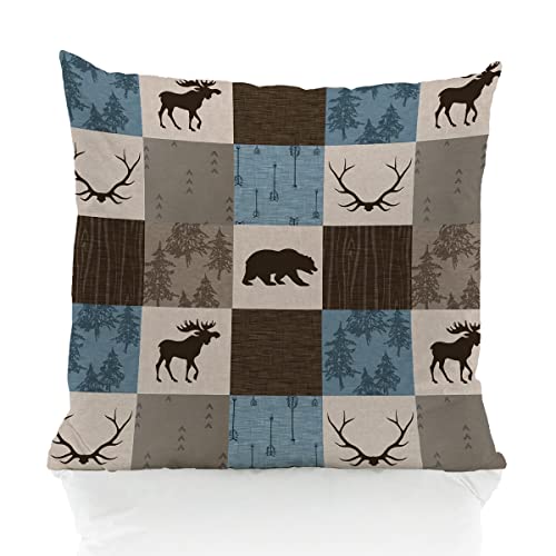 Rustic Bear Moose Vintage Patchwork Blue 18''X18'' Throw Pillow Case Decorative Home Bedroom Boys Room Kids Room Cushion Cover,Sofa Bed Couch Decor, Wild Animals Lovers Kids Boys Men Gifts #TOP27