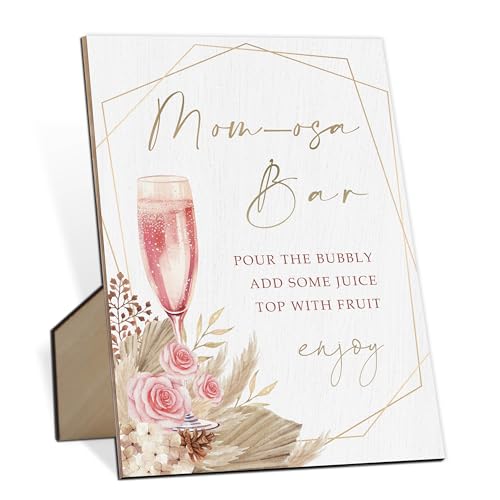 Mom-osa Bar Baby Shower Sign, Boho Floral Gender Neutral Tabletop Sign With Stand, Wooden Game Sign for Baby Shower Birthday Mother's Day Decor, Gender Reveal Party Favors Supplies-MQ444