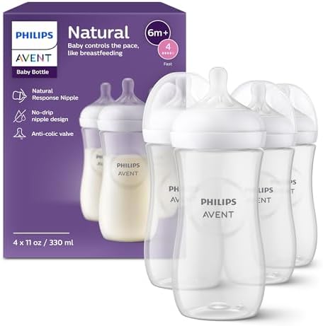 Philips Avent Natural Plastic Baby Feeding Bottle 330ml | No.1 Brand Recommended by Moms Worldwide | Ideal for 3 months+| Natural Response Technology Mimics Breastfeeding | Uniquely Designed Nipple releases milk only when baby drinks | Pack of 4| SCY906/04