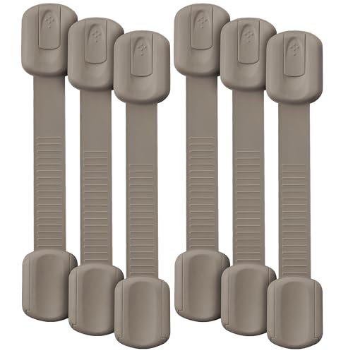 Bates- Child Safety Strap Locks, 6 Pack, Warm Gray, Baby Cabinet Locks with Adjustable Strap Length
