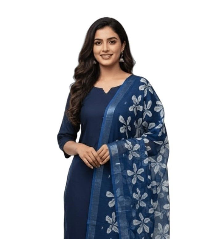 Elegant Navy Blue & White Floral Print Linen Blend Dupatta-image-31