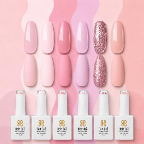 Image of Bolt Bee Gel Polish Kit Gel Polish Set,6 Colors Light Soft Sakura White Nude Spring Soak Off Nail Art Design Manicure Kit at Home (16)